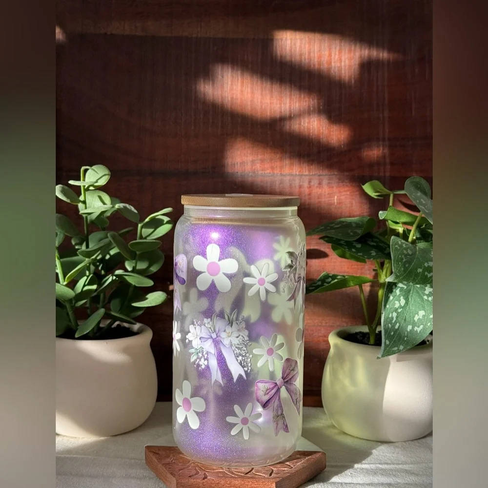 Purple Bows and Daisies Coquette Iridescent Glass Can with Pink Glass Cup - Picture 3 of 12